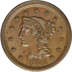 1856 1C Upright 5. N-12, R.1. MS63 Brown NGC. AU55 EAC 1856[1C] Upright 5. N-12, R.1. MS63 Brown NGC