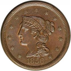 1856 1C Slanted 5. N-14, R.1. MS65 Brown NGC. MS60 EAC 1856[1C] Slanted 5. N-14, R.1. MS65 Brown NGC