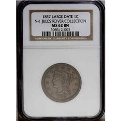 1857 1C Large Date. N-1, R.1. MS62 Brown NGC. XF45 EAC 1857[1C] Large Date. N-1, R.1. MS62 Brown NGC