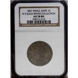 1857 1C Small Date. N-4, R.1. AU58 NGC. XF45 EAC. Grel 1857[1C] Small Date. N-4, R.1. AU58 NGC. XF45