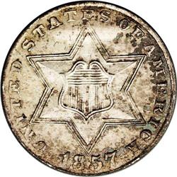 1857 3CS MS63 NGC. Lustrous surfaces. Pewter gray toni 1857[3CS] MS63 NGC.