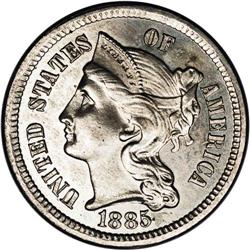 1885 3CN PR64 NGC. Delicate champagne iridescence. The 1885[3CN] PR64 NGC.