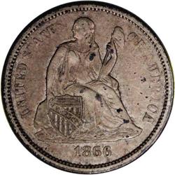 1866-S 10C --Stained--NCS. AU Details. Fortin-101. This 1866-S[10C]--Stained--NCS. AU Details.