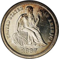 1867 10C PR63 Cameo NGC. Fortin-103. Light repunching 1867[10C] PR63 Cameo NGC.