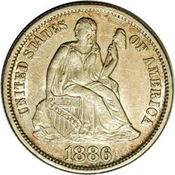 1886-S 10C AU55 NGC. Satiny luster with very faint spe 1886-S[10C] AU55 NGC.