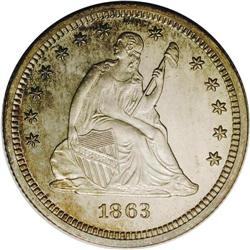 1863 25C PR63 NGC. Pale gray and gold toning covers bo 1863[25C] PR63 NGC.
