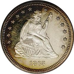 1865 25C PR63 Cameo NGC. Honey, rose, and pale lavende 1865[25C] PR63 Cameo NGC.