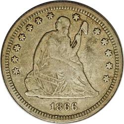 1866 25C Motto Fine 15 NGC. An attractive specimen wit 1866[25C] Motto Fine 15 NGC.