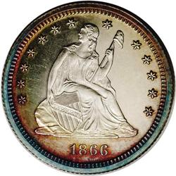 1866 25C PR63 Cameo NGC. Lovely orange, pink-red, and 1866[25C] PR63 Cameo NGC.