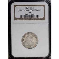 1867 25C Fine 12 NGC. LIBERTY is faint but readable, a 1867[25C] Fine 12 NGC.