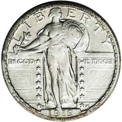 1919-D 25C AU58 NGC. Pearl-gray and pastel gold tones 1919-D[25C] AU58 NGC.