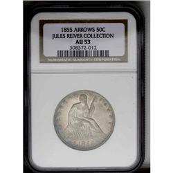 1855 50C Arrows AU53 NGC. Whispers of electric-blue an 1855[50C] Arrows AU53 NGC.