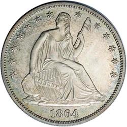 1864 50C PR64 NGC. Dappled golden-brown and aquamarine 1864[50C] PR64 NGC.