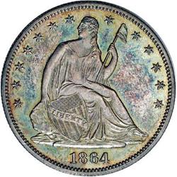1864 50C PR65 NGC. Lush apple-green, olive, and peach 1864[50C] PR65 NGC.