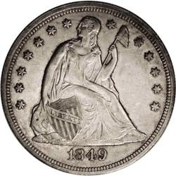 1849 S$1 AU58 NGC. Boldly defined with nice luster an 1849[S$1] AU58 NGC.