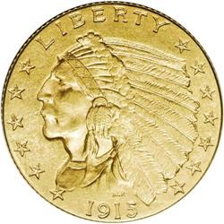 1915 $2 1/2 MS61 NGC. An orange-golden beauty displayi 1915[$2 1/2] MS61 NGC.