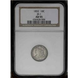 1832 10C AU55 NGC. JR-1, R-2. Pearl gray toning in the 1832[10C] JR-1, R.2. Reiver state a. AU55 NGC