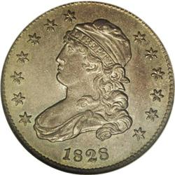 1828 25C 25 over 50 C. B-3, R.4. MS60. Usual Die State 1828[25C] 25 over 50 C. B-3, R.4, AU58 NGC. U