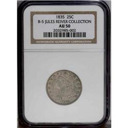 1835 25C B-5, R.3. AU50 NGC. Die State IV. Stars 8 and 1835[25C] B-5, R.3. AU50 NGC. Die State IV.