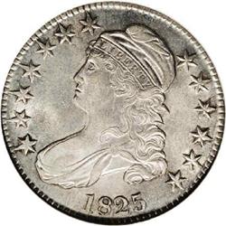 1825 50C AU58 NGC. O-105, R.2. Most easily attributed 1825[50C] AU58 NGC.