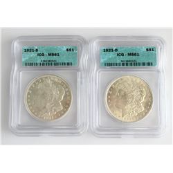 ICG-Graded 2-Coin Lot; Morgan Silver Dollars MS61