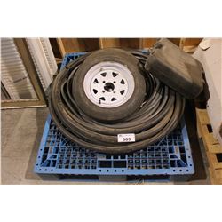 PALLET LOT OF WHEELS, WIRES AND HOSE