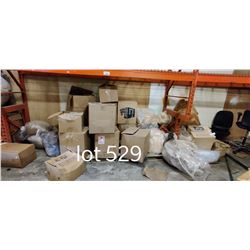 LARGE LOT OF MISC. BAGS AND BOXES UNDER PALLET RACKING