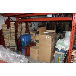 LARGE LOT OF MISC FURNITURE UNDER PALLET RACKING, INCLUDING LUGGAGE, MOVIE SET BOOKS AND MORE