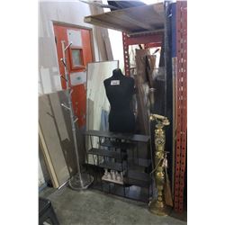 LOT OF MISC INCLUDING BEVELED MIRROR, MANNEQUIN, COAT TREE AND ROOM DIVIDER