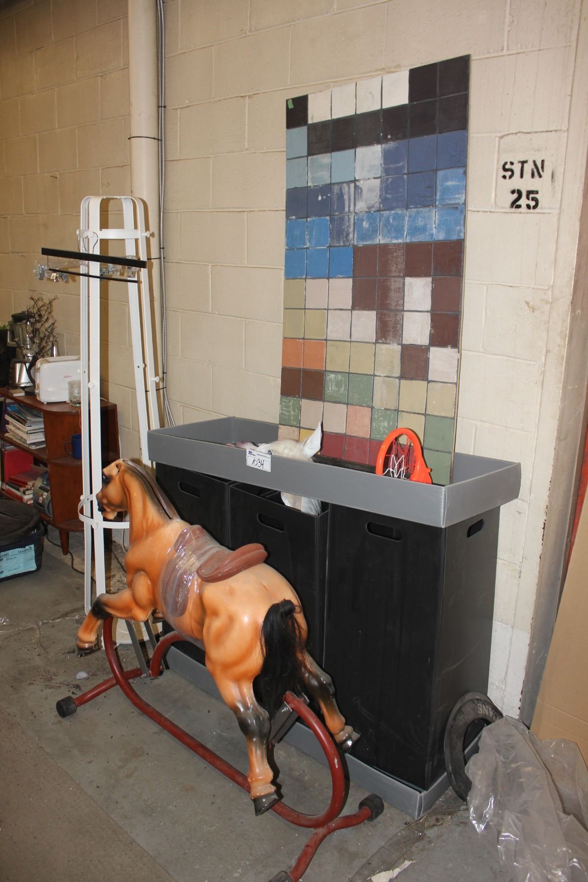 LOT OF ASSORTED MOVIE PROP ITEMS; ROCKING HORSE, COAT RACK, BINS AND ...