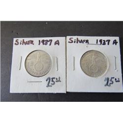 (2) 1937-A Germany Third Reich 2 Marks Silver