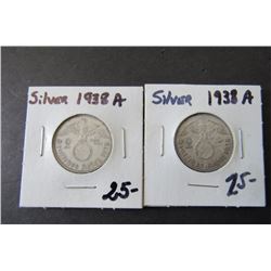 (2) 1938-A Germany  Third Reich 2 Marks Silver