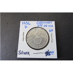 1936-D VF Germany Third Reich 5 Marks Silver Coin