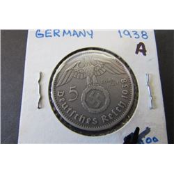 1938-A Germany Third Reich 5 Marks Silver Coin