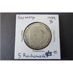 1939-B Germany Third Reich 5 Marks Silver Coin