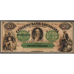 1800's $20 Citizens Bank of Louisiana Shreveport Obsolete Note