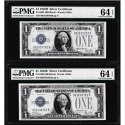 (2) Consecutive 1928B $1 Silver Certificate Notes Fr.1602 PMG Choice Uncirculated 64EPQ