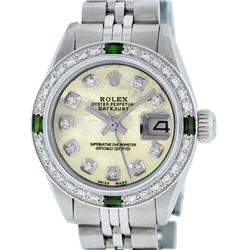 Rolex Ladies Stainless Steel Yellow MOP Diamond & Emerald Datejust Wristwatch