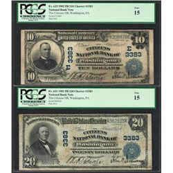 Lot of 1902PB $10/20 Washington, PA CH# 3383 National Currency Notes PCGS Fine 15