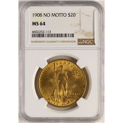 1908 $20 No Motto St. Gaudens Double Eagle Gold Coin NGC MS64