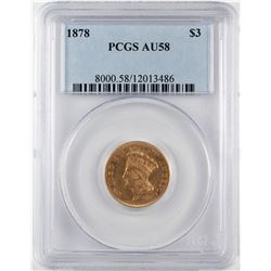 1878 $3 Indian Princess Head Gold Coin PCGS AU58