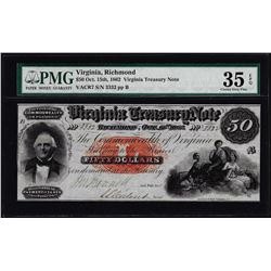 1862 $50 Virginia Treasury Note Richmond Obsolete Note PMG 35EPQ