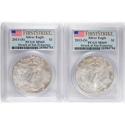 Lot of (2) 2013-S $1 American Silver Eagle Coins PCGS MS69 First Strike