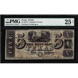 1839-41 $5 Republic of Texas Austin Obsolete Note PMG Very Fine 25 Net