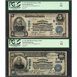 Lot of 1902PB $5/10 Washington, PA CH# 3383 National Currency Notes PCGS Fine 12