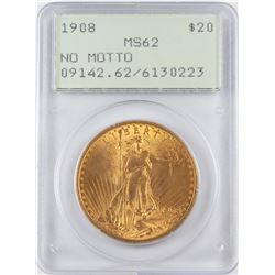 1908 No Motto $20 St. Gaudens Double Eagle Gold Coin PCGS MS62 Green Rattler Holder