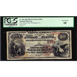 1882BB $10 Citizens NB of Washington, PA CH# 3383 National Currency Note PCGS VG10