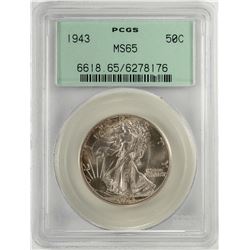 1943 Walking Liberty Half Dollar Coin PCGS MS65 Old Green Holder