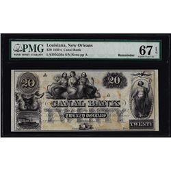 1850's $20 Canal Bank New Orleans Obsolete Bank Note PMG Superb Gem Unc 67EPQ