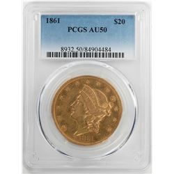 1861 $20 Liberty Head Double Eagle Gold Coin PCGS AU50
